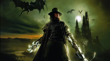 HD desktop wallpaper featuring Hugh Jackman as Van Helsing, holding weapons against a dark, gothic background with bats and an eerie castle in the distance.