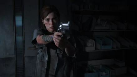 4K Ultra HD PC wallpaper featuring a tense scene from The Last of Us Part II, with a character aiming a revolver in a dimly lit room.