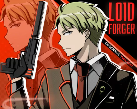 Loid Forger from Spy x Family — anime portrait holding a pistol against a bold red graphic backdrop, rendered as a 4K Ultra HD PC desktop wallpaper/background.