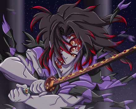 Kokushibo from Demon Slayer: Kimetsu no Yaiba poised with a katana in a dynamic 4K Ultra HD anime wallpaper.