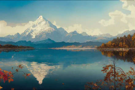 HD AI-generated Japan landscape wallpaper featuring Mount Fuji towering over a serene lake with autumn foliage and a bright sky.