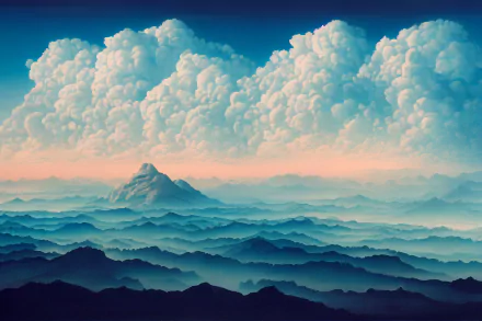 HD PC desktop wallpaper featuring AI art of a minimalist landscape with layered mountain silhouettes beneath a dramatic sky filled with fluffy clouds.