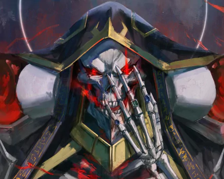 HD PC desktop wallpaper featuring Ainz Ooal Gown from the anime Overlord, showcasing his menacing skeletal face with glowing red eyes and intricate armor details.
