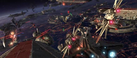A dynamic space battle scene from Star Wars Episode III: Revenge of the Sith, featuring numerous starships and bright laser fire, captured as an HD desktop wallpaper and background.