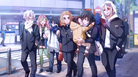 Anime-style 4K Ultra HD desktop wallpaper featuring characters from Demon Slayer: Kimetsu no Yaiba standing together on a street in vibrant, detailed artwork.