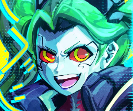 Rebecca (Cyberpunk: Edgerunners) anime-style close-up: neon-green hair, glowing red cybernetic eyes and manic grin — 2K Quad HD PC desktop wallpaper.