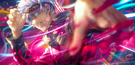 HD PC desktop wallpaper featuring an intense, dynamic anime character from Jujutsu Kaisen with vibrant colors and glowing effects in a striking action pose.