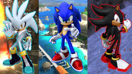 HD PC wallpaper featuring Sonic the Hedgehog, Shadow with red eyes, and Silver the Hedgehog from Sega's Sonic the Hedgehog (2006) video game.