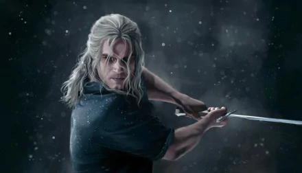 Henry Cavill as Geralt of Rivia from The Witcher TV show, poised with a sword in a dark, snowy atmosphere, presented in 4K Ultra HD wallpaper quality.