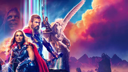 Thor: Love and Thunder movie 4K Ultra HD PC desktop wallpaper/background — Thor, Jane Foster and Valkyrie on a winged horse against vibrant, lightning-lit cosmic skies.