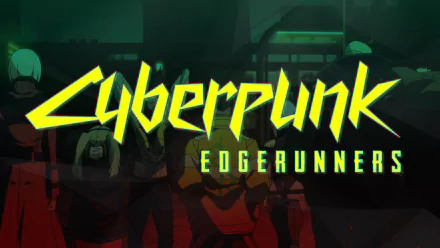 HD PC desktop wallpaper featuring the bold, neon yellow-green Cyberpunk: Edgerunners logo over a dark, futuristic anime cityscape background.