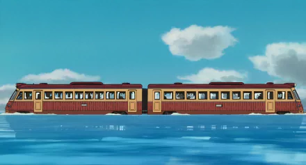 4K Ultra HD Studio Ghibli Spirited Away anime scene featuring a red train gliding over water beneath a clear blue sky with scattered clouds.