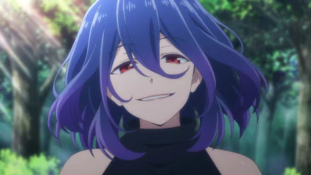 HD PC wallpaper of Vermeil (Kinsou no Vermeil / Vermeil in Gold): close-up of purple-haired, red-eyed Vermeil with a sly smile framed by sunlit trees.