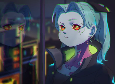 Rebecca from Cyberpunk: Edgerunners is depicted in this HD anime-style desktop wallpaper, featuring her vivid orange eyes and cyberpunk-themed attire.