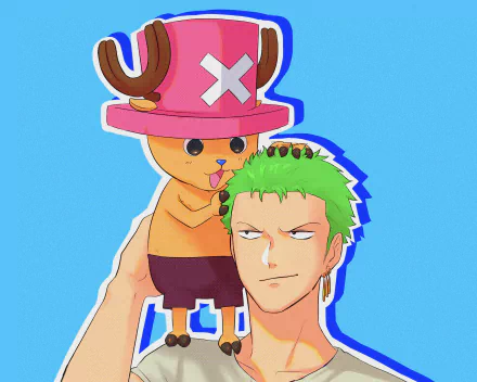 HD anime desktop wallpaper featuring Roronoa Zoro and Tony Tony Chopper from One Piece against a bright blue background.