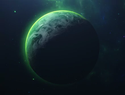 A sci-fi inspired planet glowing with a greenish aura against a starry space backdrop, rendered in stunning 4K Ultra HD for PC desktop wallpaper.