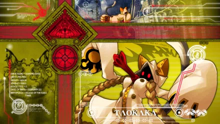 HD PC desktop wallpaper for the video game BlazBlue: Continuum Shift featuring Taokaka with a red scarf and cat-like mask against a green decorative cross motif and tech glyphs.