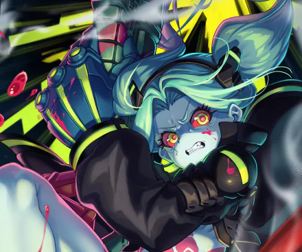 HD PC desktop wallpaper featuring Rebecca from Cyberpunk: Edgerunners in vibrant anime style with intense expression and dynamic neon-lit background.