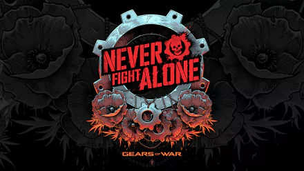 HD desktop wallpaper for Gears of War, featuring a stylized logo with the motto NEVER FIGHT ALONE, adorned with fiery details and floral motifs.