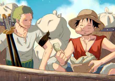HD desktop wallpaper featuring Monkey D. Luffy and Roronoa Zoro from the anime One Piece sharing a meal outdoors with bags in the background.