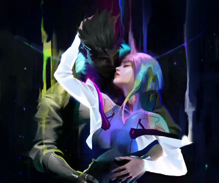 HD PC desktop wallpaper featuring anime characters Lucy and David from Cyberpunk: Edgerunners in a close, intimate pose with vibrant, glitchy cyberpunk aesthetics.