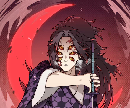 HD desktop wallpaper featuring Kokushibo from the anime Demon Slayer: Kimetsu no Yaiba, showcasing his striking eyes and traditional outfit against a red circular background.