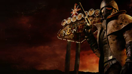 HD PC desktop wallpaper from the video game Fallout: New Vegas, featuring a character in armor and the iconic Las Vegas-style Welcome to New Vegas sign against a dark sky.
