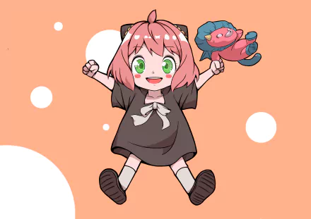 Anya Forger from the anime Spy x Family joyfully holding a stuffed toy, featured in a vibrant 4K Ultra HD PC desktop wallpaper and background.