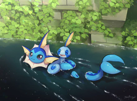 HD desktop wallpaper featuring Sobble and Vaporeon from Pokémon: Sword and Shield relaxing in water with lush green foliage in the background.