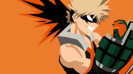 Katsuki Bakugou from My Hero Academia in a dynamic pose with an orange background, featured as a 4K Ultra HD anime PC desktop wallpaper.