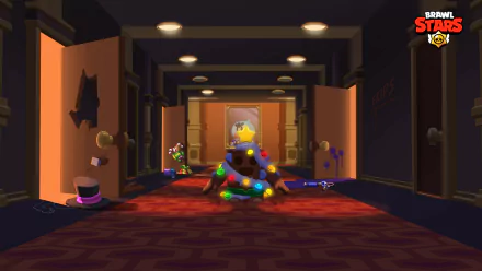 HD PC desktop wallpaper featuring a dark hallway scene from the video game Brawl Stars with colorful characters and vibrant lighting effects.
