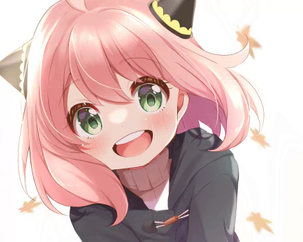 HD anime desktop wallpaper featuring Anya Forger from Spy x Family with her iconic pink hair and bright green eyes, smiling warmly against a light background.