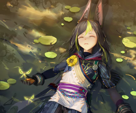 HD PC desktop wallpaper of Tighnari, character from the video game Genshin Impact, reclining among glowing butterflies and lily pads.