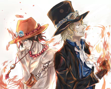 HD anime wallpaper featuring Sabo and Portgas D. Ace from One Piece, showcasing dynamic poses with fire and smoke effects.