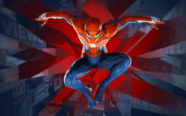 Spider-Man in action from Marvel's Spider-Man Remastered, showcased in a dynamic pose with vibrant red and blue tones, designed as a 4K Ultra HD PC desktop wallpaper.