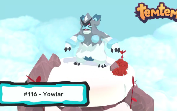 HD Temtem wallpaper featuring Yowlar, number 116, on a snowy backdrop for desktop background.