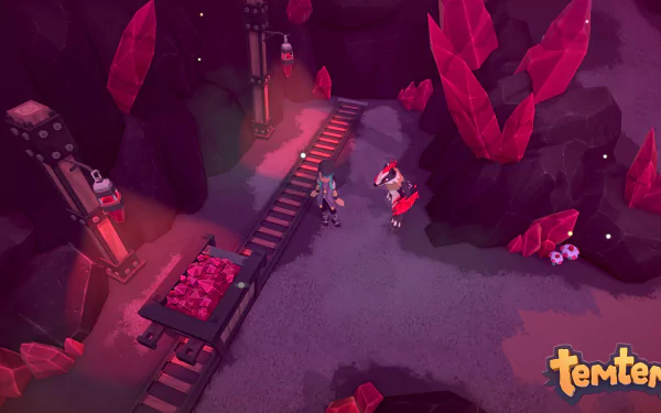 An HD desktop wallpaper featuring a vibrant cave scene from the video game Temtem, complete with striking red crystals and a character interacting with creatures.