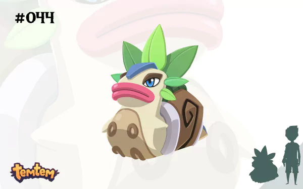 HD desktop wallpaper of a Temtem creature, featuring a cartoonish character against a cloud-like background with the game logo.