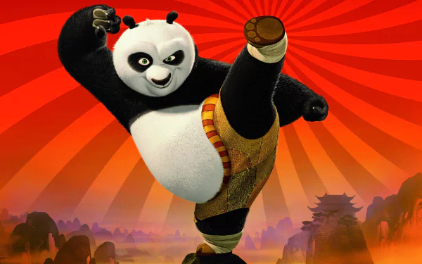 Desktop HD wallpaper featuring Po from the Kung Fu Panda movie performing a kick against a vibrant red background with radiating stripes and a serene landscape.