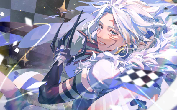 HD PC wallpaper of Allen Walker from D.Gray-man (anime): white hair, mischievous smile, clawed glove, vibrant abstract background