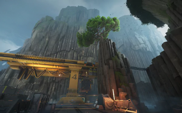 A scenic Shatterline HD desktop wallpaper featuring towering cliffs, a solitary tree on rock outcrop, and industrial elements against a serene sky background.