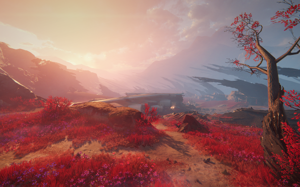 Stunning HD wallpaper featuring the vibrant, otherworldly landscape from Shatterline, perfect for desktop background with red-leafed trees and ethereal sunset.