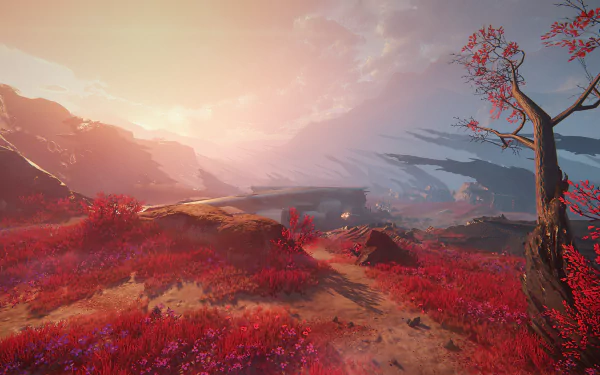 A striking HD desktop wallpaper from the video game Shatterline, featuring a vibrant landscape with red foliage and dramatic mountains under a soft sunset sky.