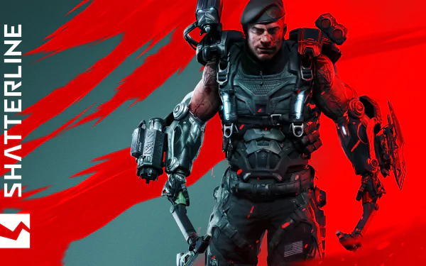 HD Shatterline game wallpaper featuring a futuristic soldier with advanced gear against a dynamic red backdrop.