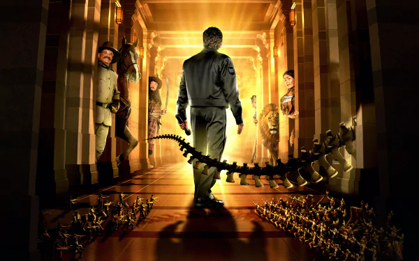 4K Ultra HD PC desktop wallpaper of Night at the Museum — a lone night guard walks a golden-lit gallery as dinosaur bones and museum exhibits come to life.