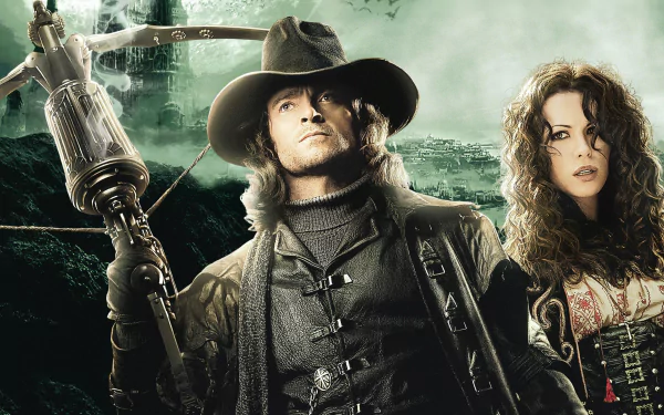 HD desktop wallpaper featuring Kate Beckinsale and Hugh Jackman from the movie Van Helsing, depicting the characters in a dramatic, dark setting with Beckinsale in period attire and Jackman holding a crossbow.