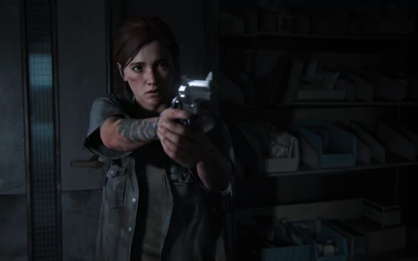 4K Ultra HD PC wallpaper featuring a tense scene from The Last of Us Part II, with a character aiming a revolver in a dimly lit room.