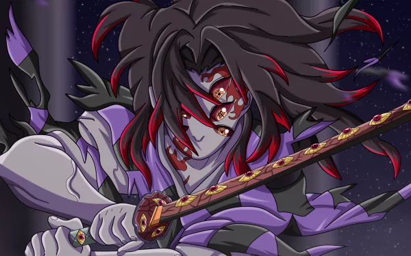 Kokushibo from Demon Slayer: Kimetsu no Yaiba poised with a katana in a dynamic 4K Ultra HD anime wallpaper.