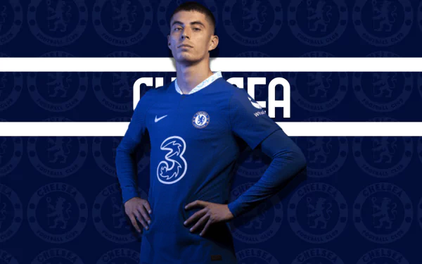Kai Havertz in Chelsea F.C. HD wallpaper, showcasing a dynamic and talented athlete in a striking sports-themed desktop background.