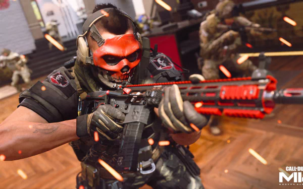 A soldier wearing a red skull mask aims a rifle amid flying sparks in a high-detail 4K Ultra HD Call of Duty: Modern Warfare II PC desktop wallpaper.